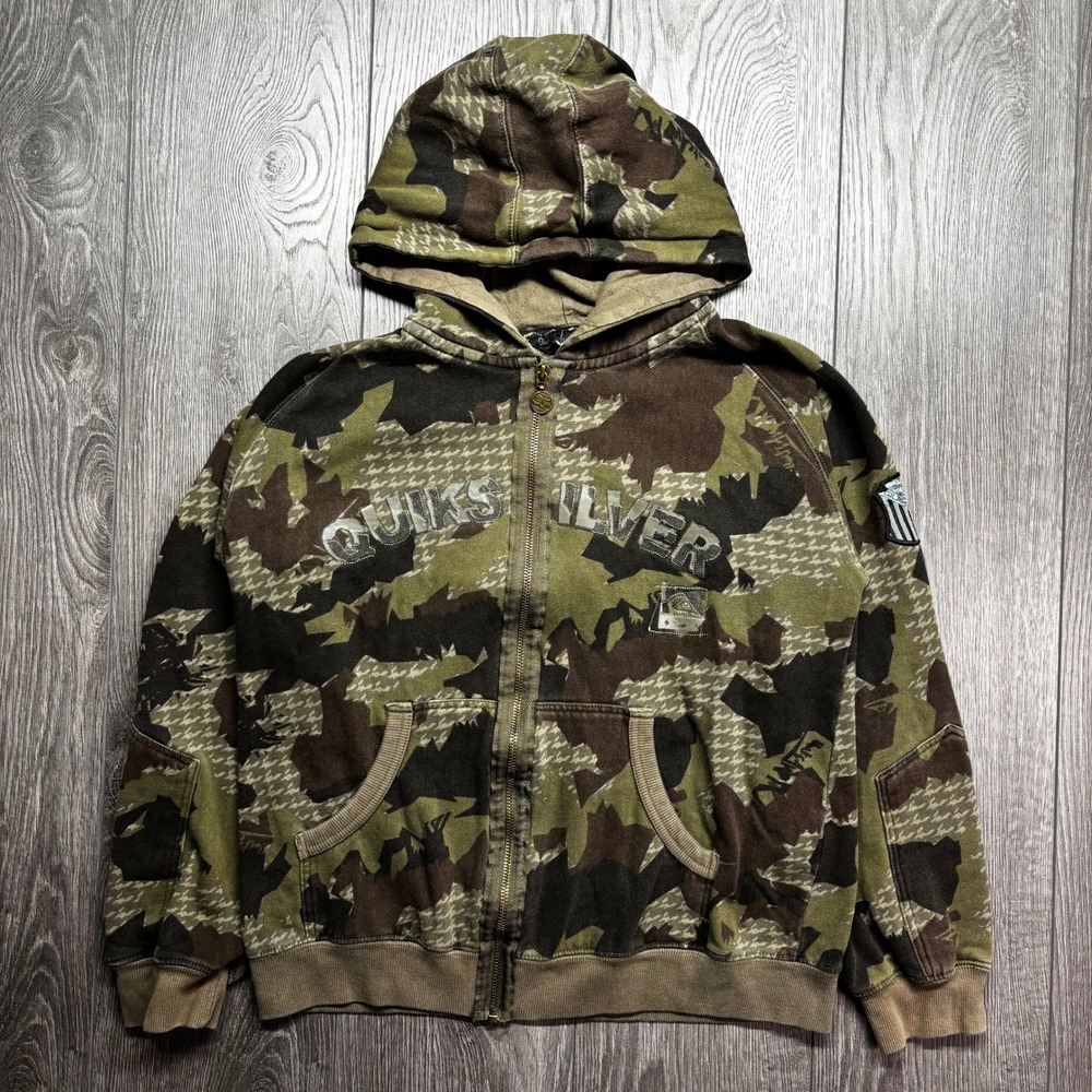 Quiksilver Vintage Y2k Camo Houndstooth Full Zip Hoodie Sweatshirt Green Brown